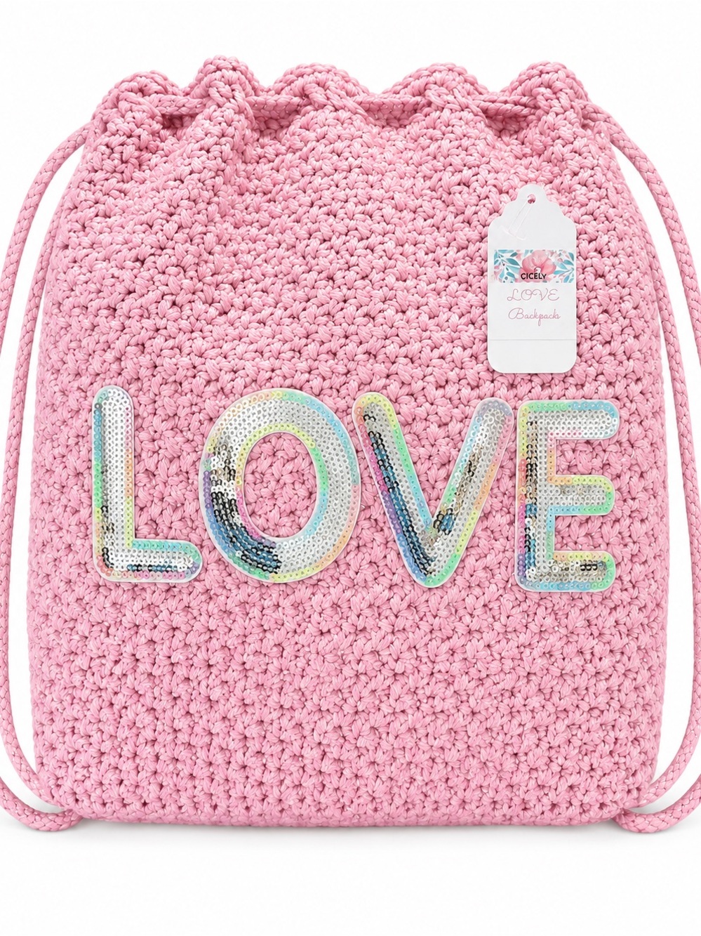Girls Pink & Metallic Crochet Backpack | Handmade Sparkly Kids Bag